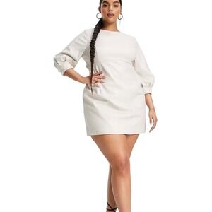 EVER NEW Henley Puff Sleeve Mini Dress Size US 10 Petite Stone Vegan Leather